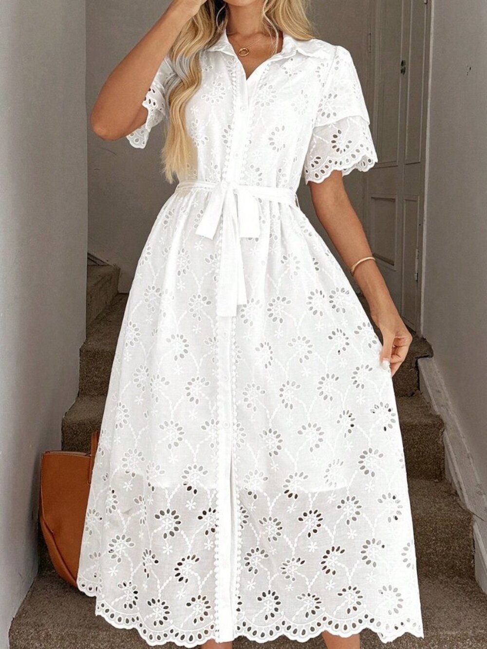 White Boho Women's Casual Embroidered Collar Dress - Picture 5 of 8